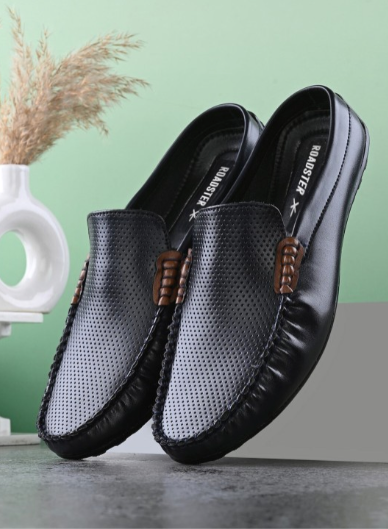 Men Black Perforations Comfort Insole Penny Mules